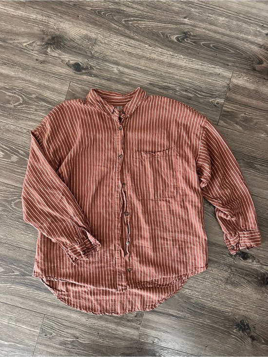 Calia Tops - Rust Striped Linen Blend Collar Button-Down Shirt